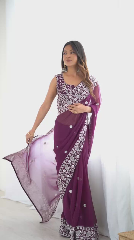 Elegant Faux Georgette Thread Embroidery Designer Saree