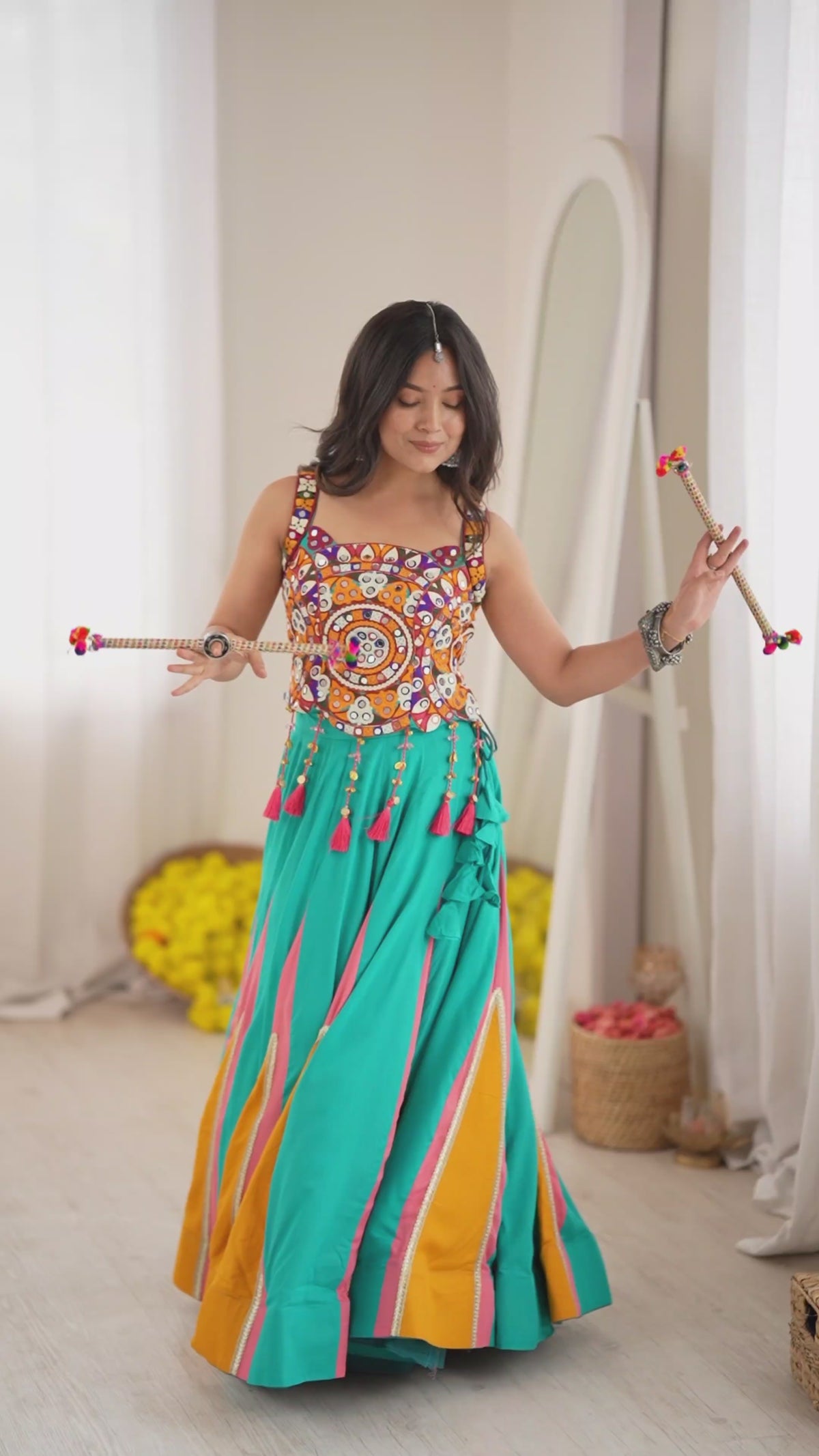 Navratri Modern Ethnic Mirror Work Lehenga