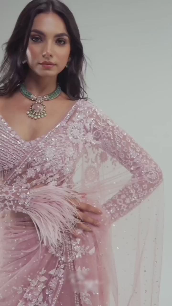 Pink Embroidered Net Saree with Unstitched Blouse