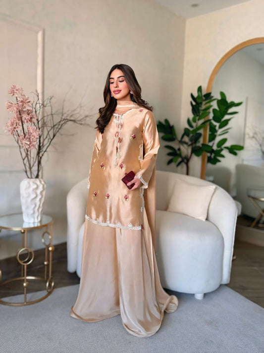 Japan Satin Thread Work Kurti Plazo Set with Dupatta