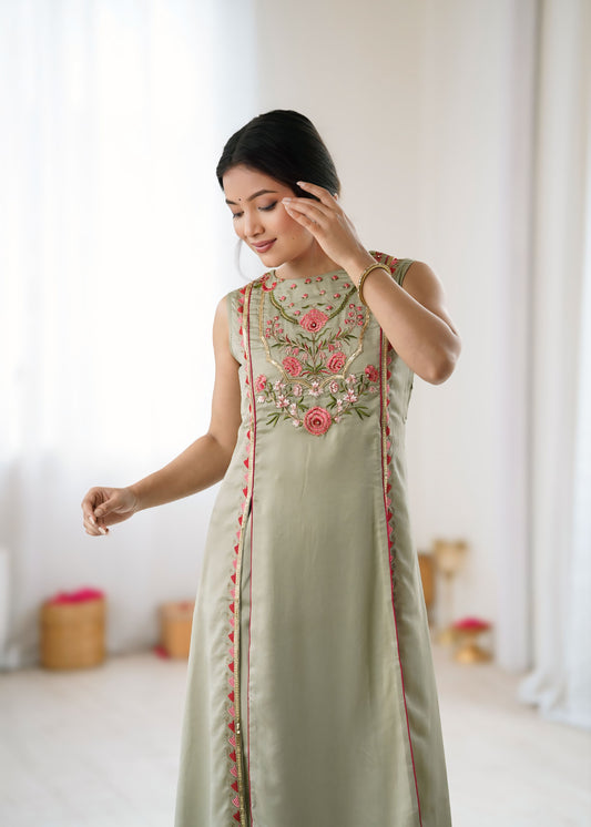 Sage Green Floral Embroidered Georgette Straight Kurta Set