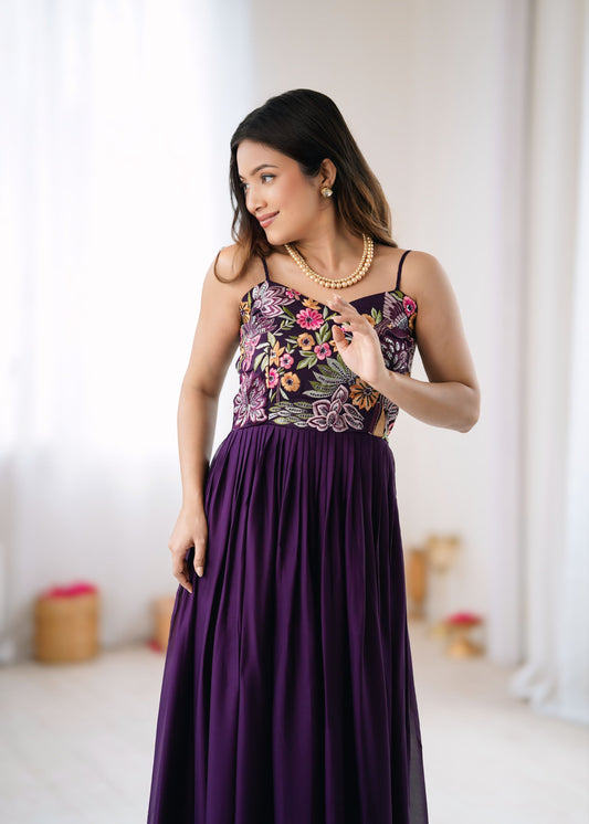 Deep Wine Multicolor Floral Embroidered Georgette Designer Gown