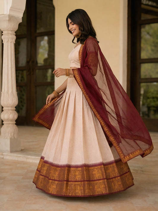 Checked With Zari Weaving V-Neck Flared Lehenga Choli