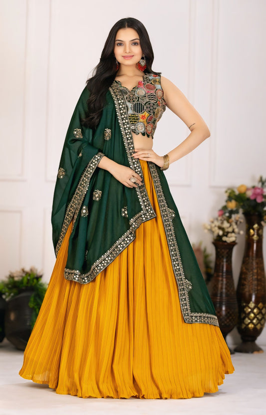 Yellow Georgette Crease Lehenga with Heavy Sequin Blouse