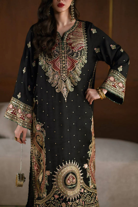 Kashmiri Style Biscuit Slub Embroidered Kaftan Pant Set