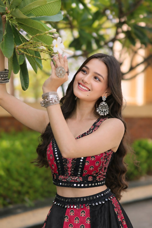 Garba Special Printed Lehenga With Mirror Lace Border