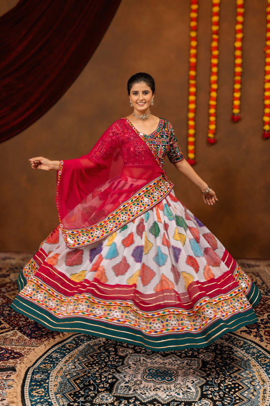 Elegant Navratri Printed Faux Georgette Lehenga Choli with Mirror Work & Embroidered Dupatta