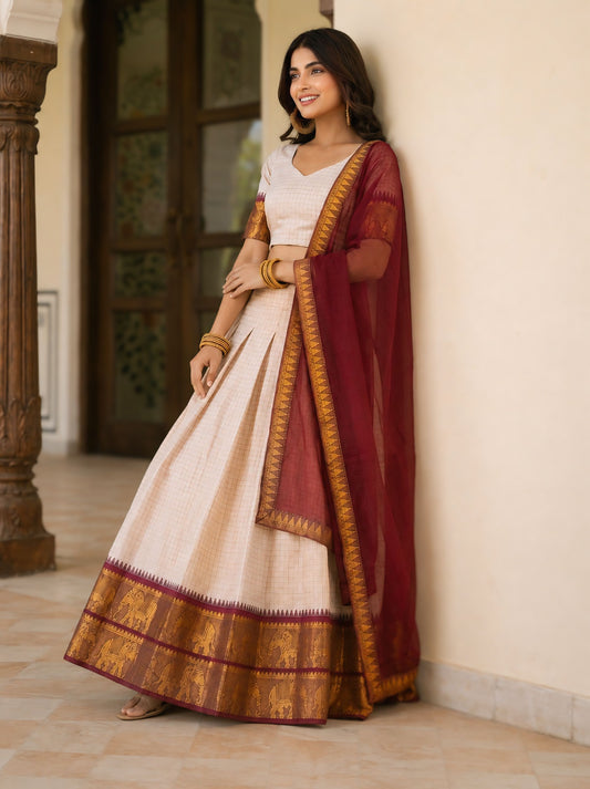 Checked With Zari Weaving V-Neck Flared Lehenga Choli