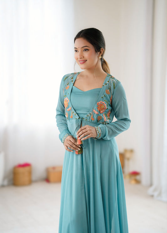 Powder Blue Floral Embroidered Georgette Designer Gown Set