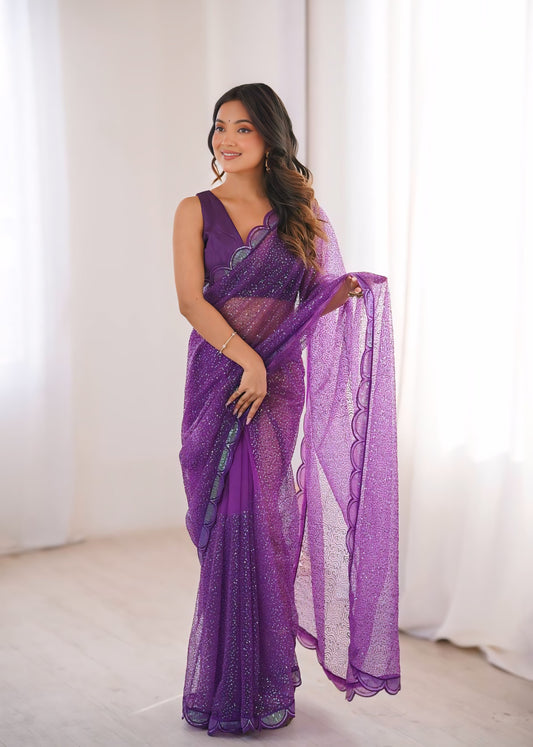 Heavy Soft Net Embroidered Saree with Blouse