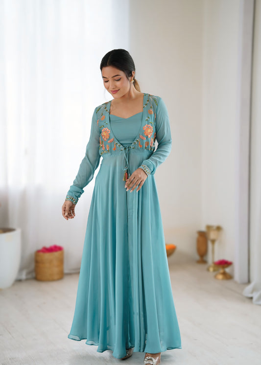 Powder Blue Floral Embroidered Georgette Designer Gown Set