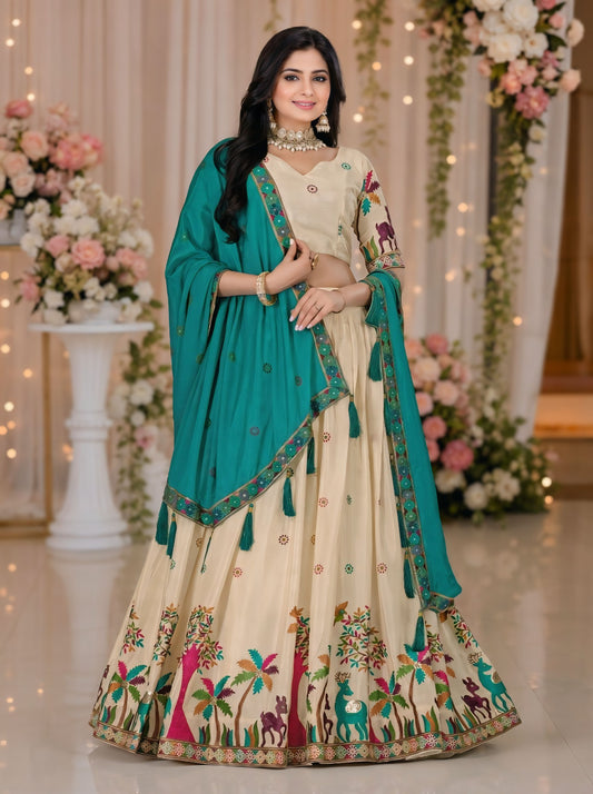 Firozi Heavy Chinon Silk Multi Color Embroidered Lehenga Set