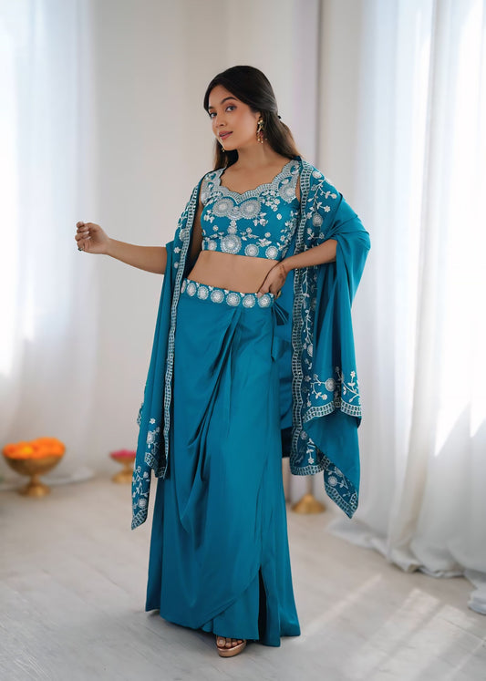 Indo-Western French Crepe Embroidered Dhoti Set with Shrug