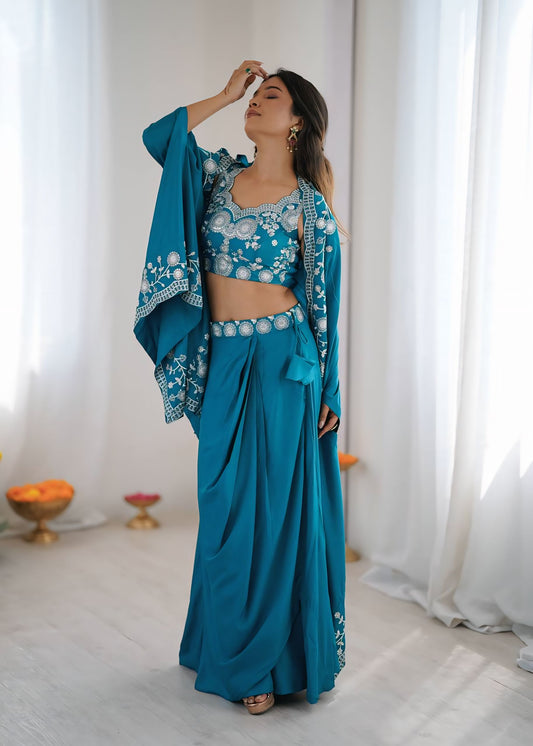 Indo-Western French Crepe Embroidered Dhoti Set with Shrug