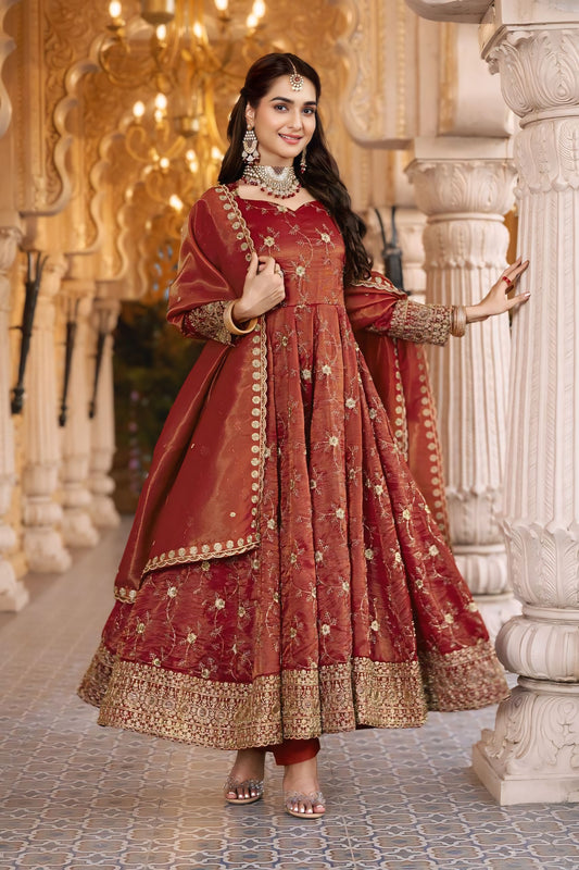 Rust Cosmos Sequin Embroidered Ready Made Anarkali Set