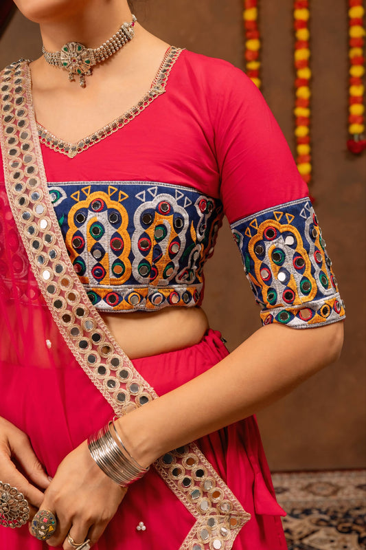 Designer Mirror Embroidery Rayon Cotton Lehenga Choli