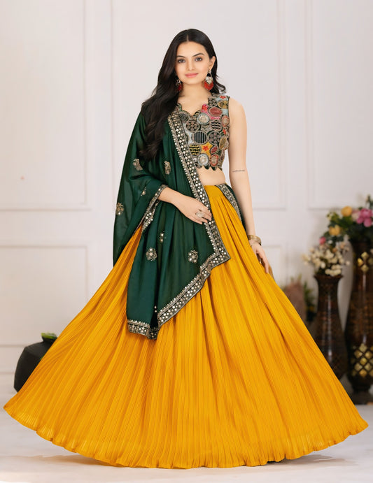 Yellow Georgette Crease Lehenga with Heavy Sequin Blouse