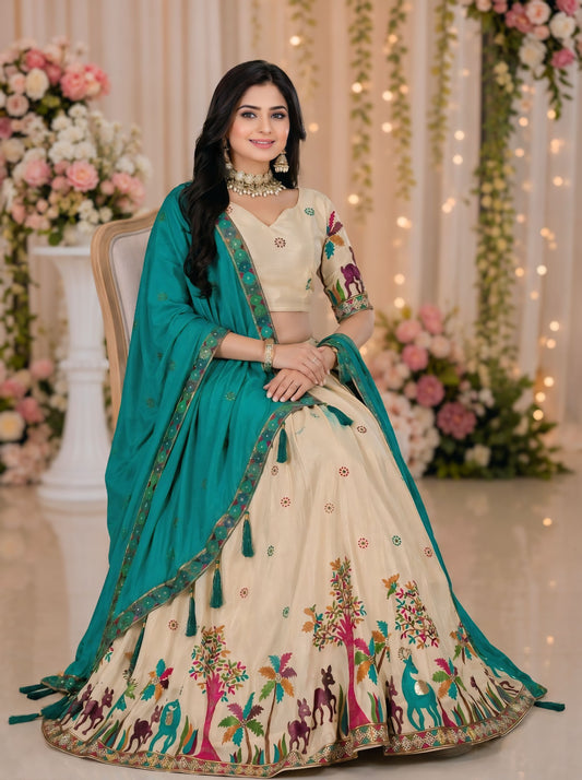 Firozi Heavy Chinon Silk Multi Color Embroidered Lehenga Set